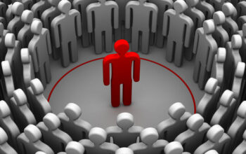 Red symbol of man standing in a red circle, and around a lot of people. Isolated. 3D Illustration
